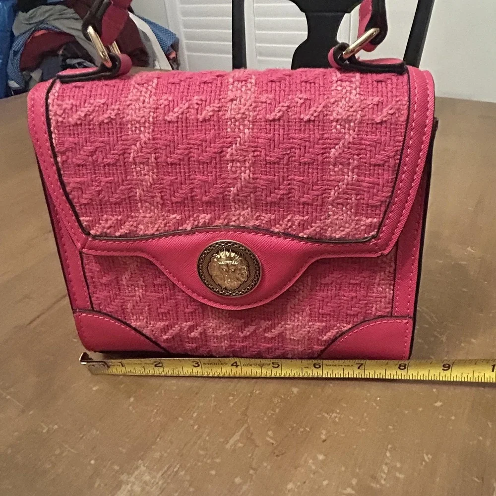 Aldo Satchel Bag Womens Small Pink Tweed Houndstooth Lion Head Chain Purse